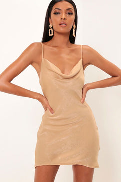 Gold Cowl Neck Satin Mini Dress ...